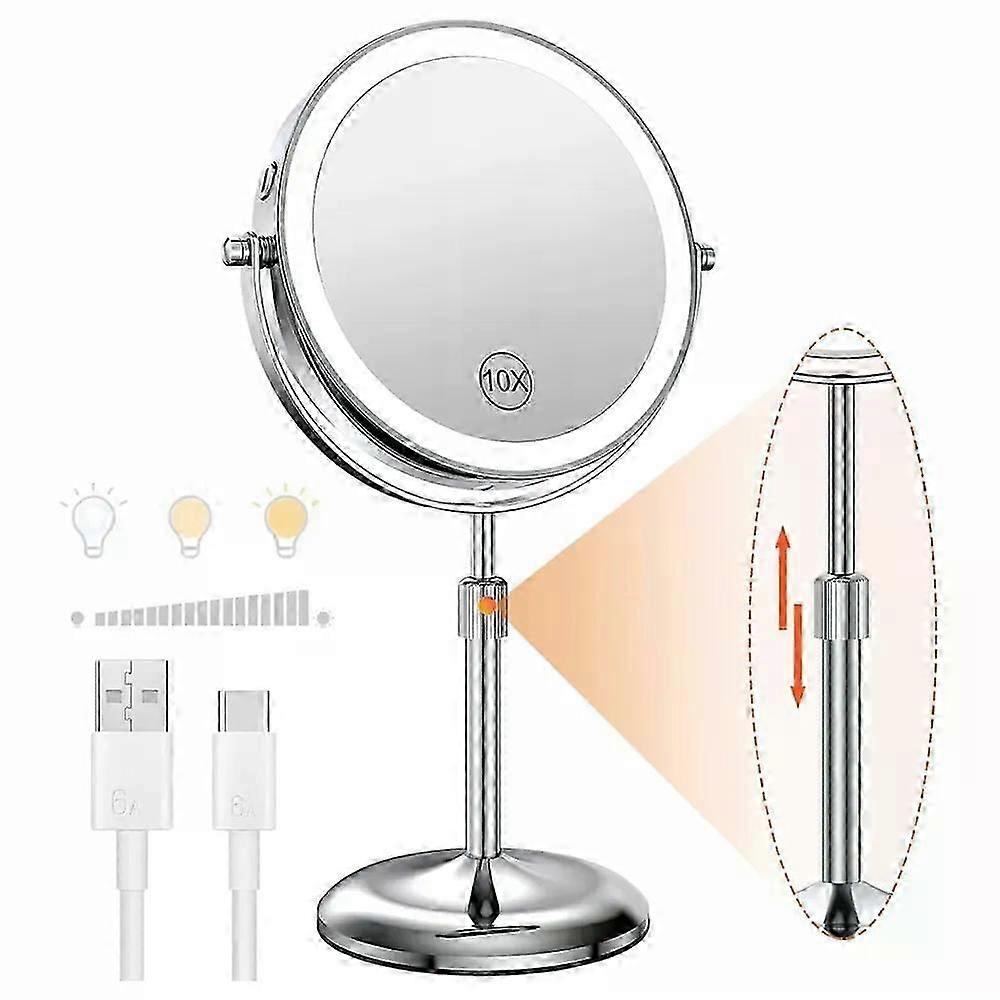8 Inch Makeup Mirror With Light Lamp 10X Magnification 3 Color Lights,Adjustable Brightness Height Standing Cosmetic Mirror