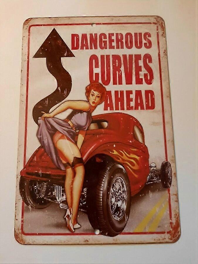 Placa de Parede de Metal Alumínio Hot Rod Dangerous Curves Ahead Tamanho: 8 x 12 polegadas