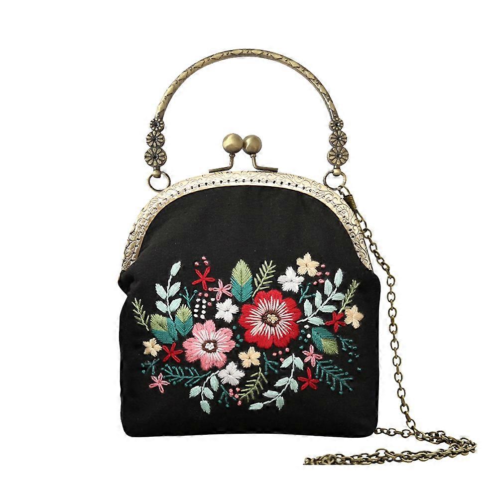 Borsa portaoggetti in tessuto ricamato nero con tracolla per donna e catena in rame