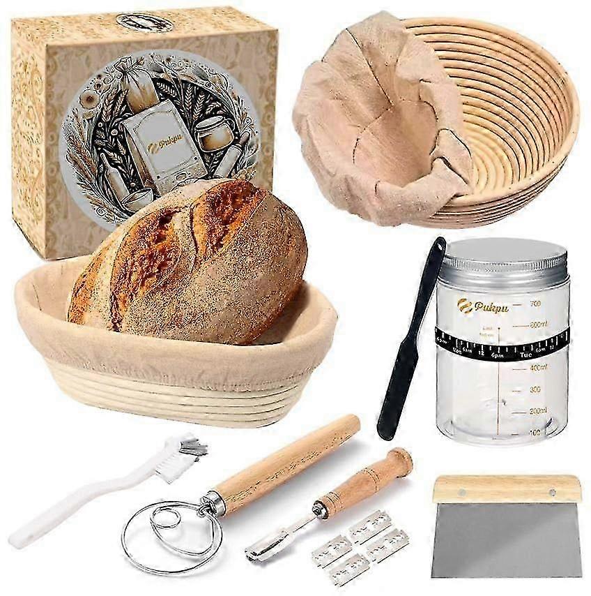 Bread Baking Set 8-piece With Proofing Baskets, Glass Fermentation Container, Dough Scraper, Whisk, Knife And Brush For Sourdough