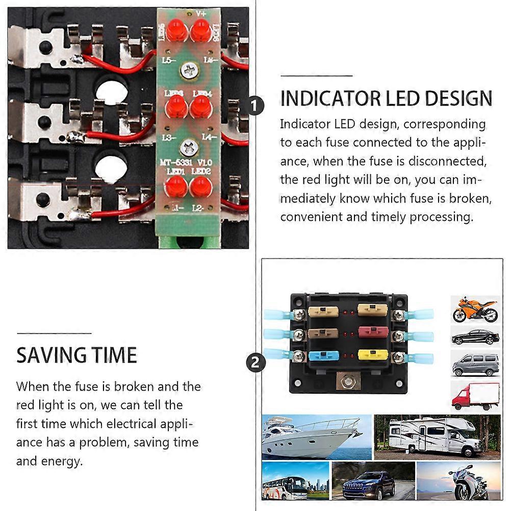 6 Ways Fuse Box Terminal Block with Warning Light for 2Pcs