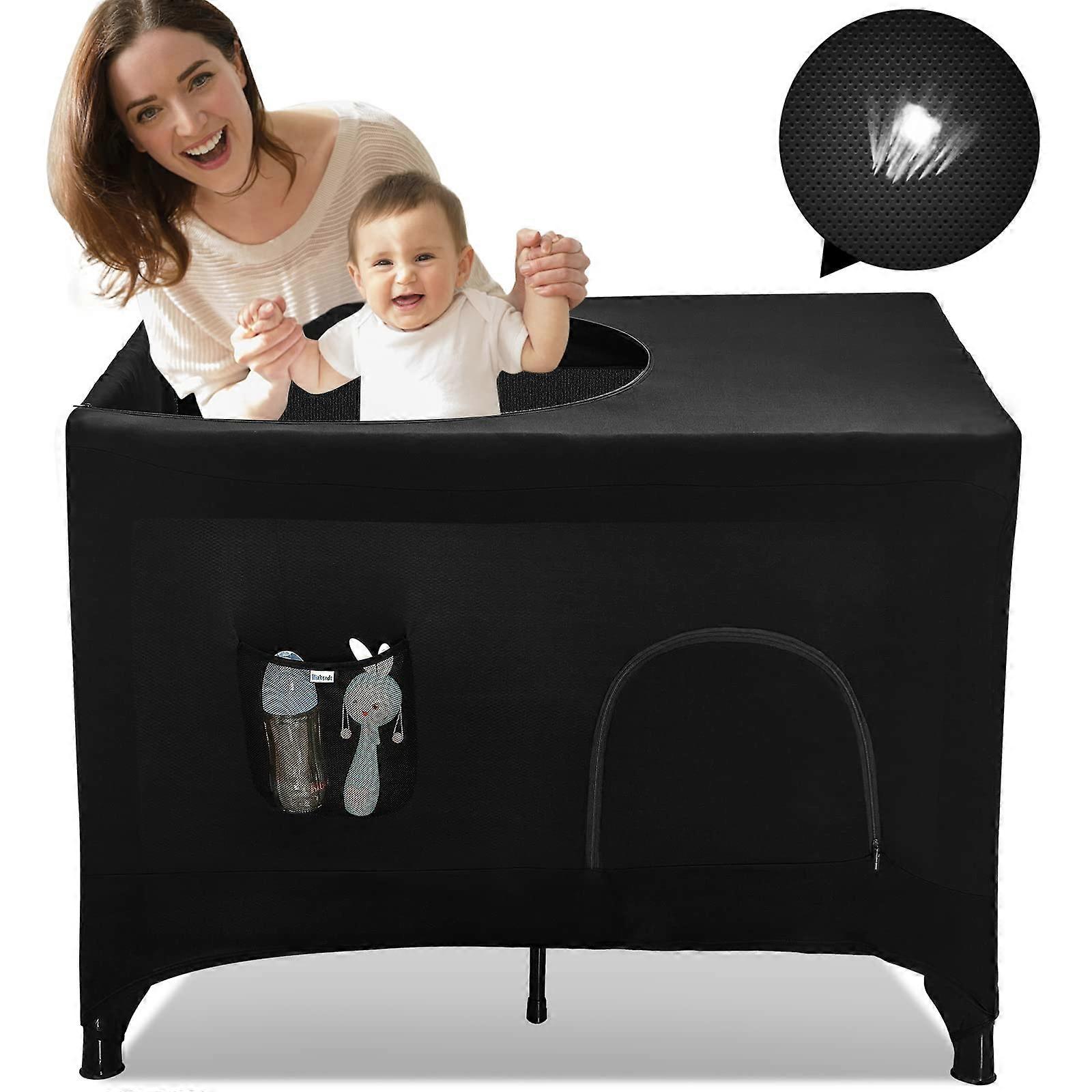 Blackout Cover For Pack N Play Travel Crib, Breathable Crib Canopy Netting With Pocket, Portable Stretchy Playard Cover