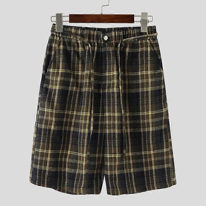 INCERUN Men Zip-up Elastic Waist Plaid Print Casual Loose Half Pants Capri