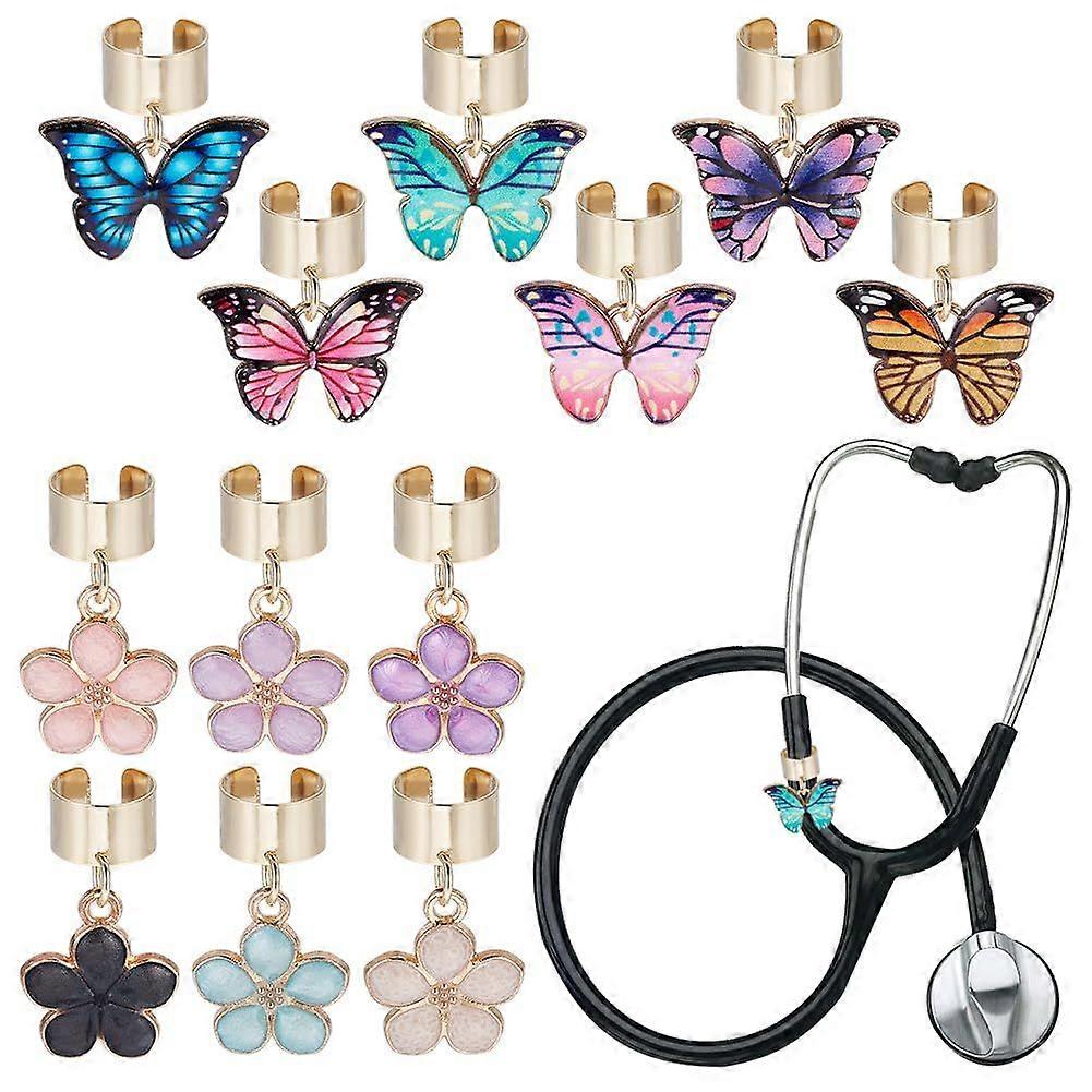 12Pcs 2 Styles Butterfly and Flower Stethoscope Charms 0.8~0.9 Inch Alloy Enamel Stethoscopes Pendant Stethoscope ID Name Tag Charm Stethoscopes Acces
