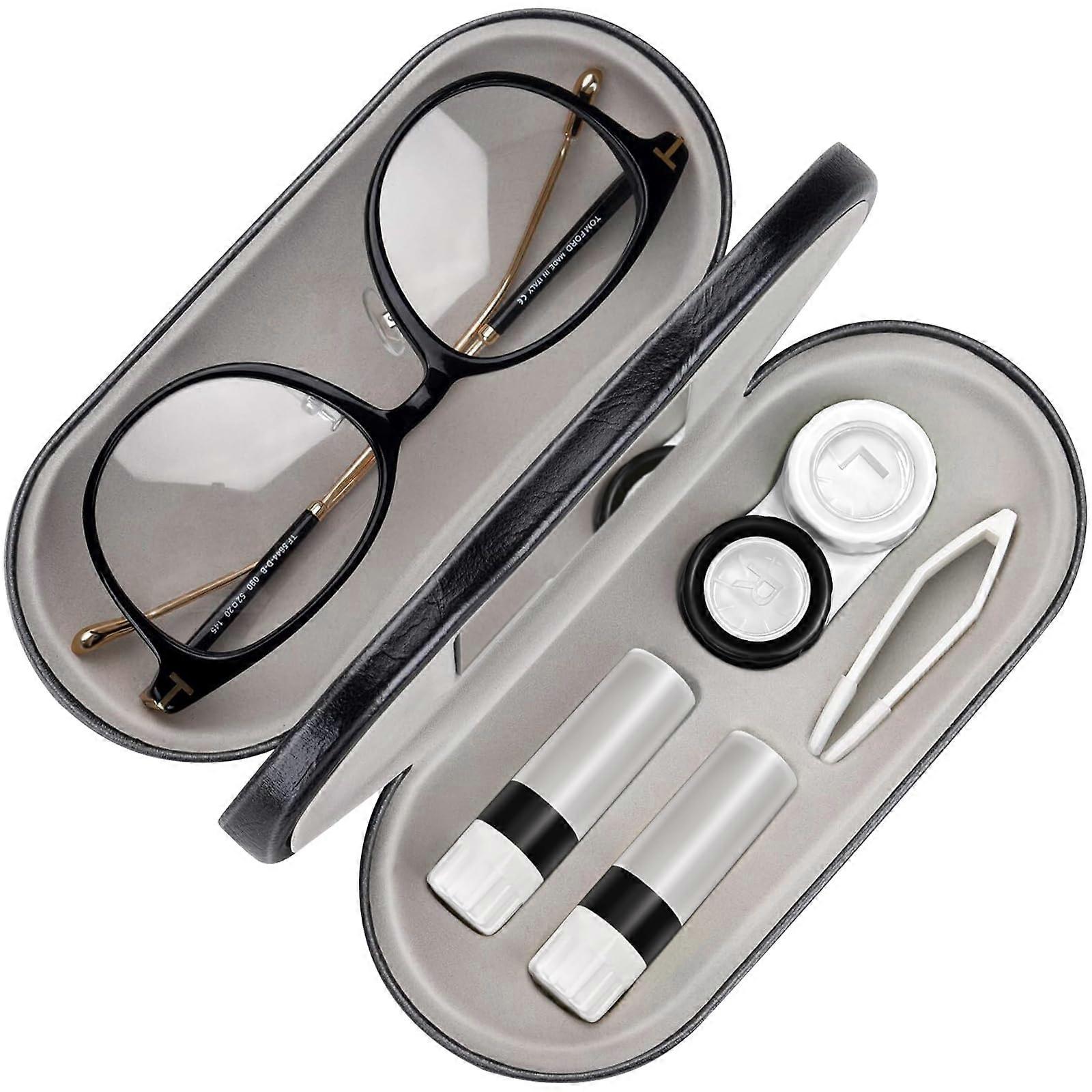 Contact Lens Case and Glasses Holder Travel Kit with Mirror Tweezers and Solution Bottle