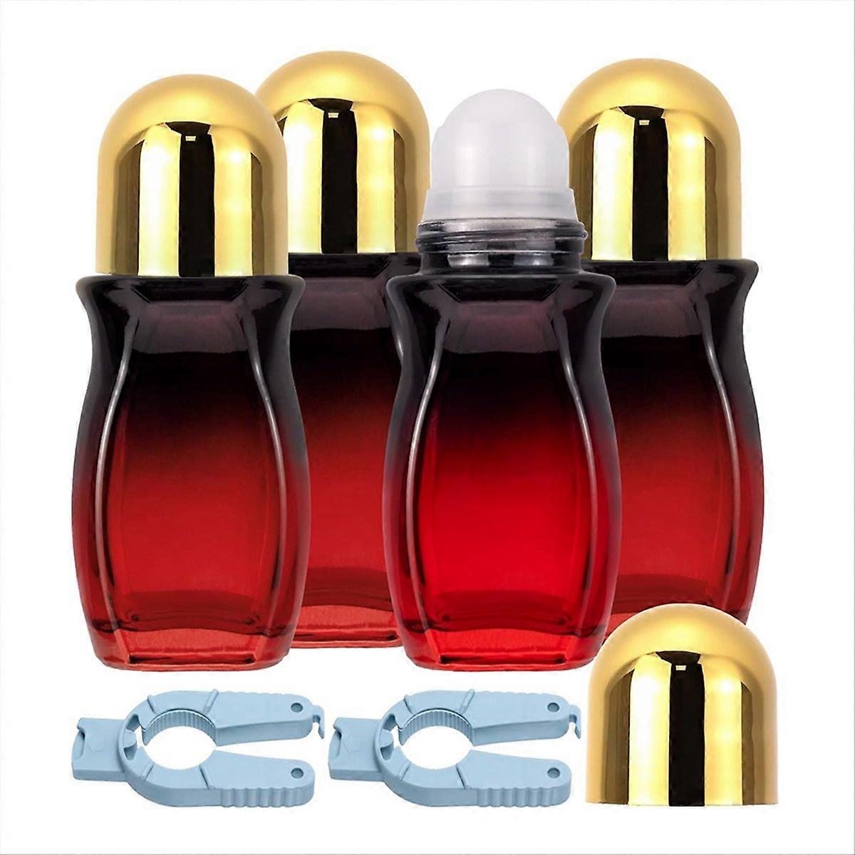 4Pcs Rollerball Bottles Set 50ml Gradient Red Glass Deodorant Roller Bottle and Opener Perfume Bottles Gold