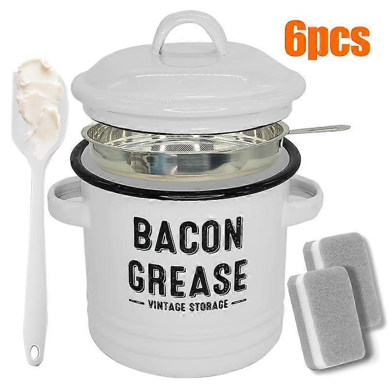 Bacon Grease Container with Strainer & Food-Grade Silicone Spatula, 46oz Large Enamel Rustic Farmhouse Fat Container, Keeper, Dishwasher Saf