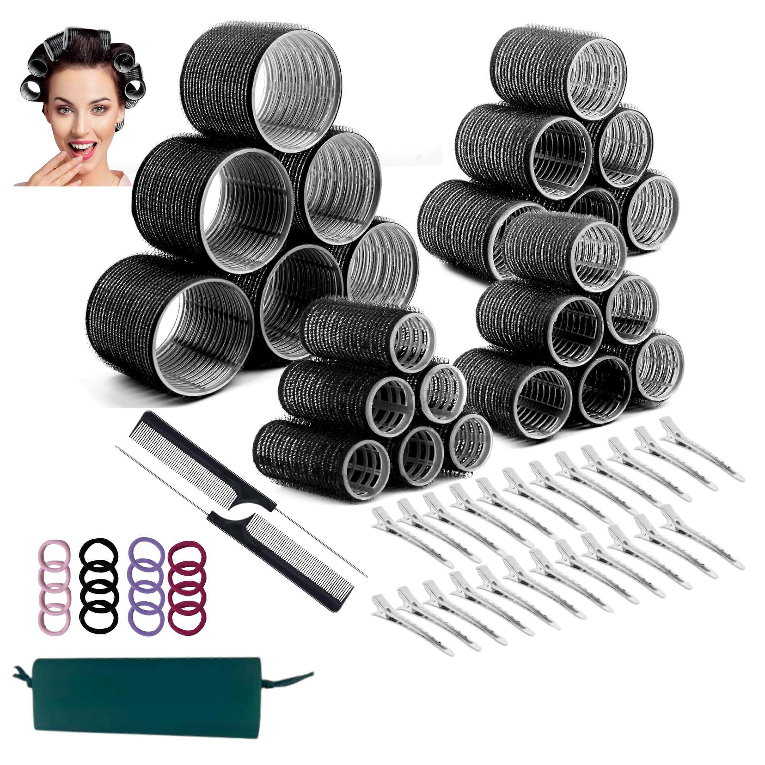63Pcs Self Grip Hair Rollers Set with Clips and Combs, Multi Size No Heat Curlers for Volume