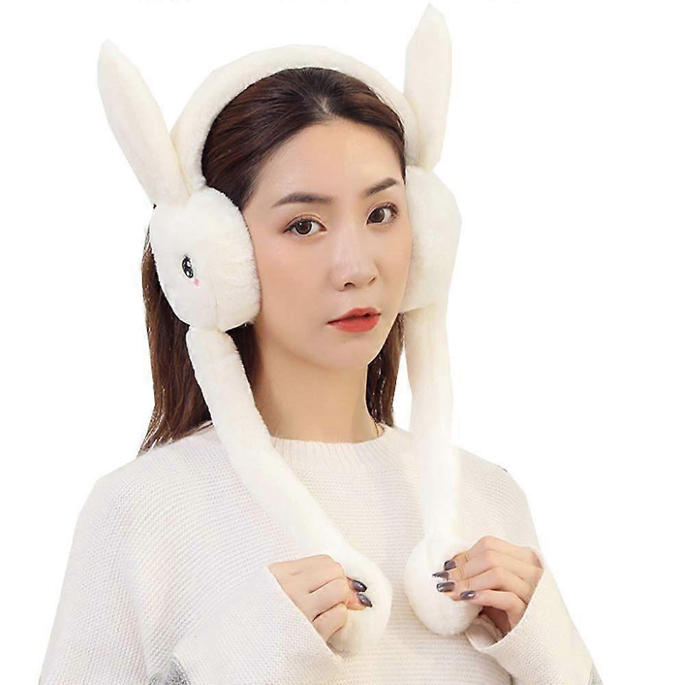 Women's winter plush earmuffs, rabbit design with movable, bouncing rabbit ears, windproof ear cushions [White]