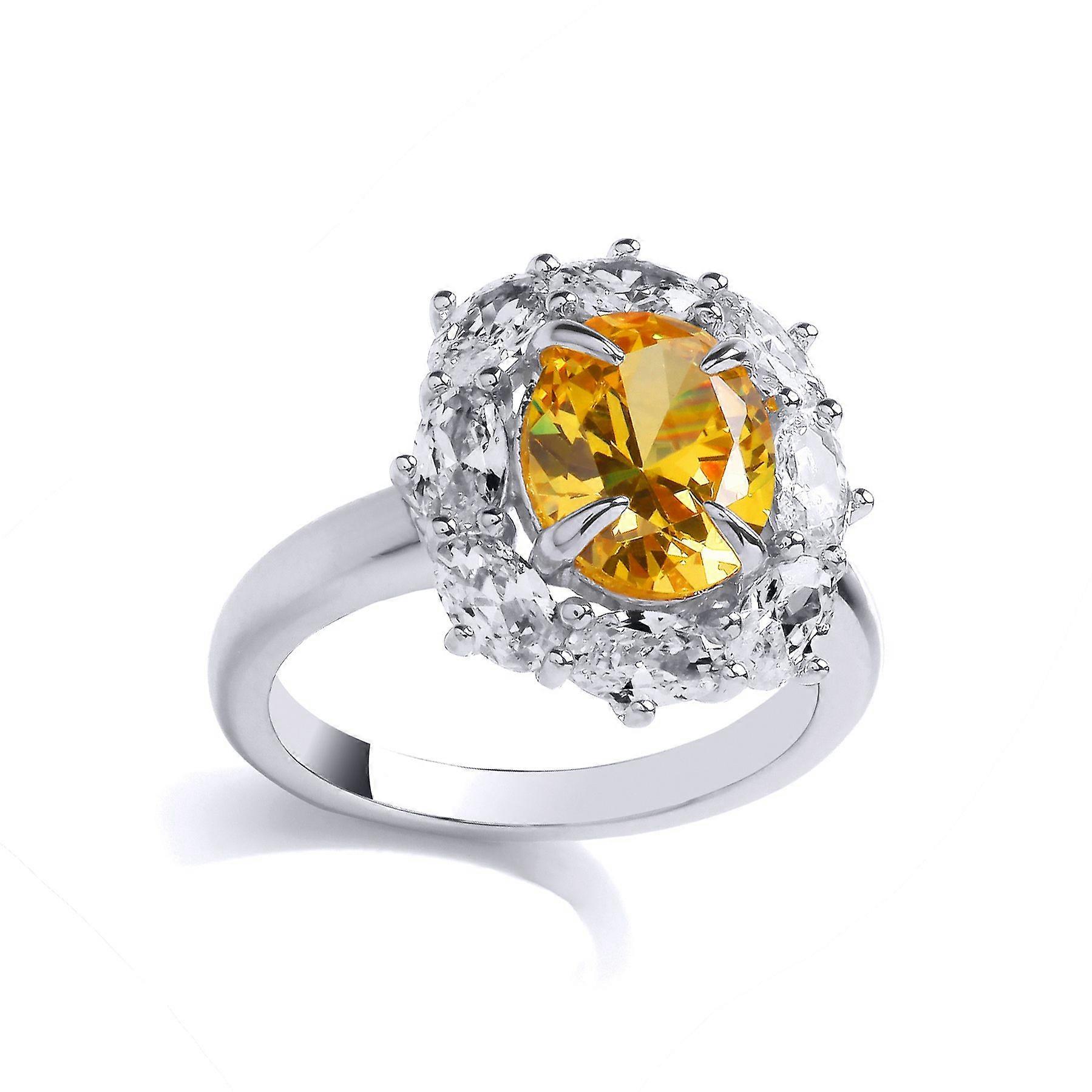 Jewelco London Ladies Rhodium Plated Sterling Silver Yellow Oval CZ Wreath Halo Cluster Cocktail Ring