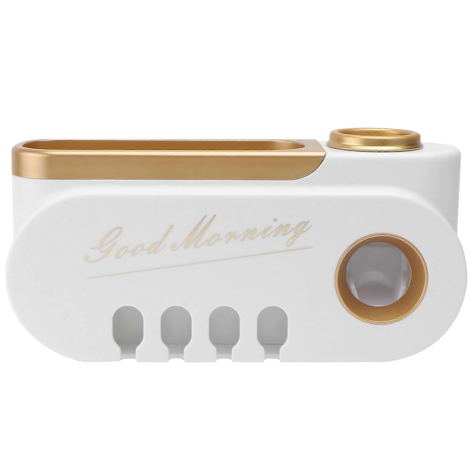 Wall Mounted Toothbrush Holder with Toothpaste Dispenser Self Adhesive Multifunction Bathroom Organizer