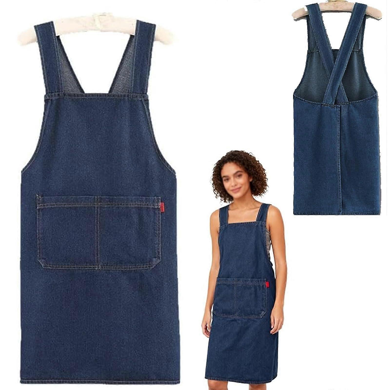 Kitchen Apron Cotton Denim Crossback Strap with Dual Large Pockets Adjustable Unisex Cooking
