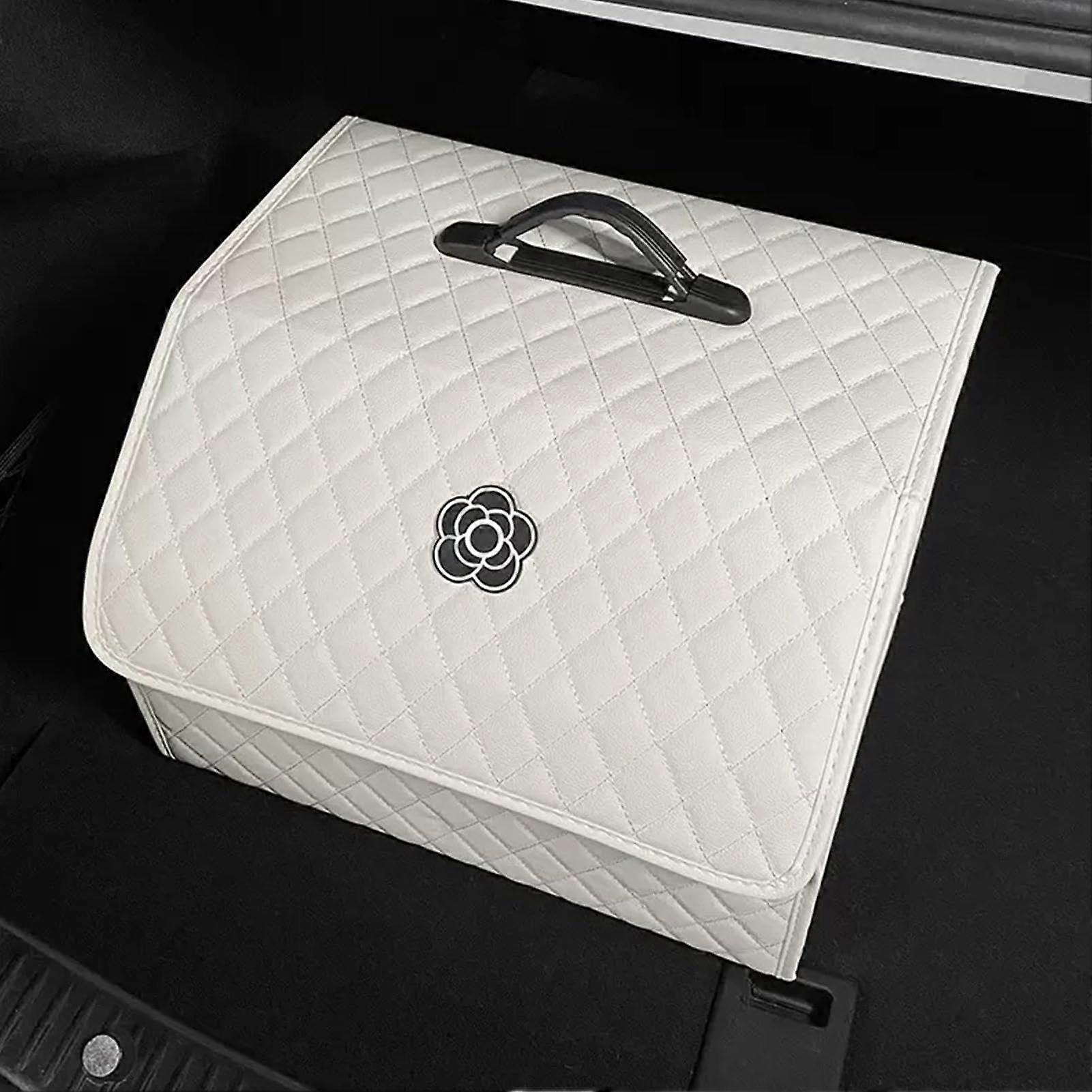 PU Leather Car Trunk Organizer with Lid, Large Capacity Storage Box with Handle, White
