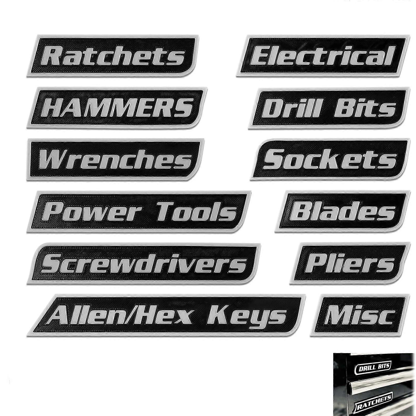 12 Pack Magnetic Toolbox Labels for Garage Storage, Reusable 3D Printed Tool Drawer Tags Black