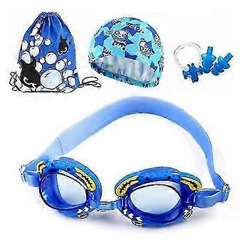 SHEVT-4 in 1 Cartoon Little Crab Waterproof and Anti-fog Silicone Swimming Goggles + Printed Pattern Cap 4 in 1 Swimming Set (Blue Crab)