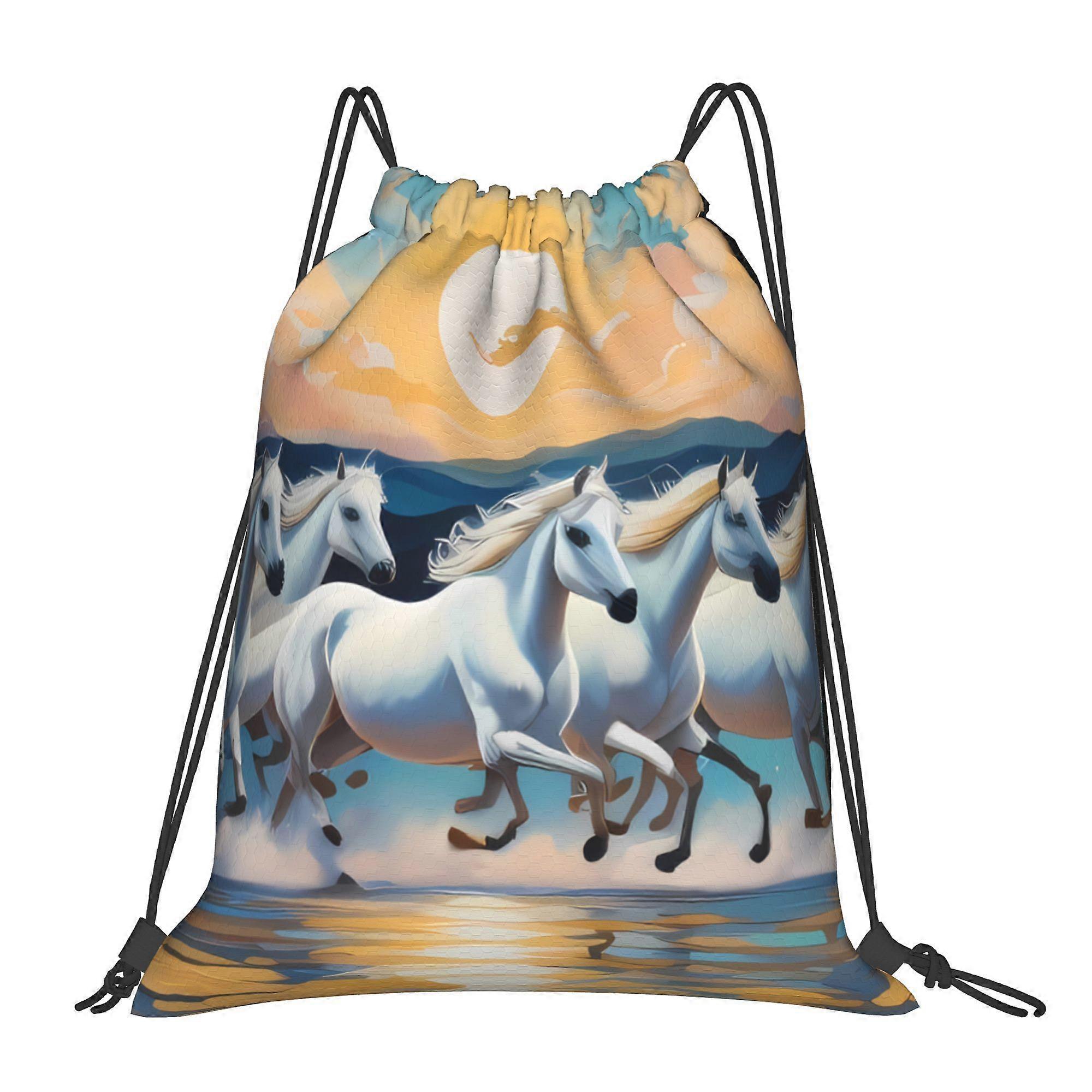2D Flat Pull-String Bag, Running Horse Pouch-Cqazw