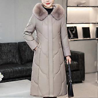 Middle Age Woman Winter Faux Sheepskin Coats Hooded Fur Collar Elegant Thick Warm Winter Long Parkas Female Leather Jacket