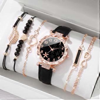 6Pcs/Set Women'S Watch Fashion Flowers Leather Band Analog Quartz Watches Butterfly Jewelr Set(Without Box)