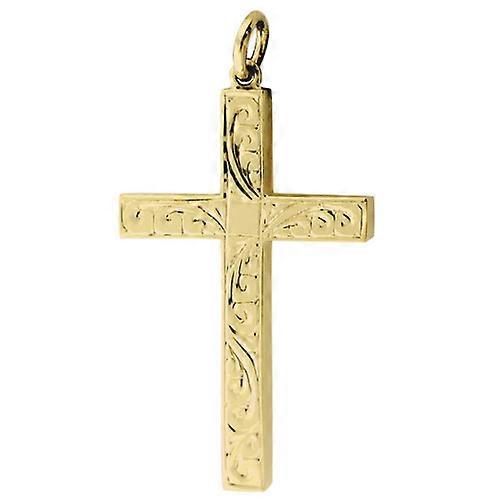 9ct Gold 40x25mm hand engraved solid block Cross