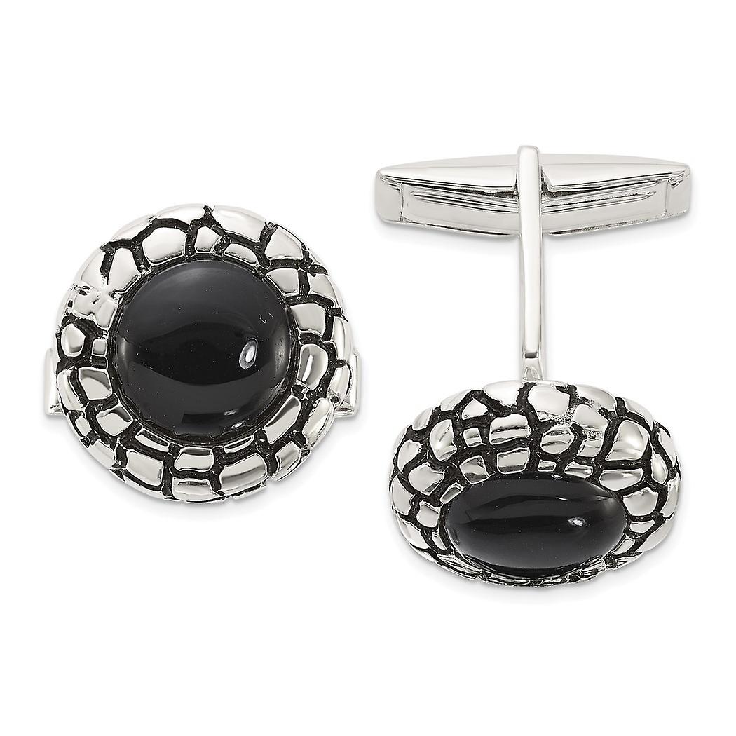 925 纯银抛光圆形仿缟玛瑙,带珐琅袖扣 16.3x16.3mm 男士宽袖扣