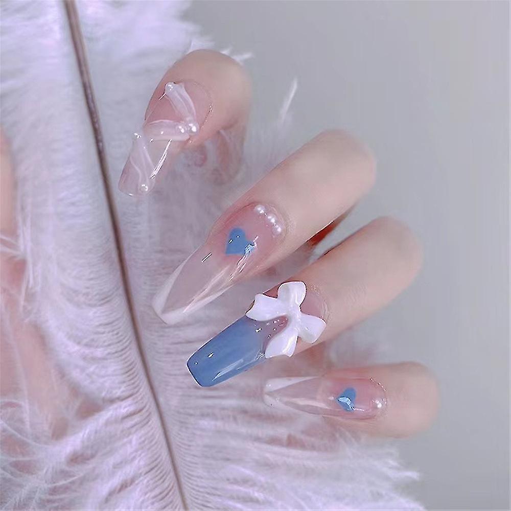 Long Blue Heart Wearing Nails Durable Full Cover False Nails For Nail Art Starter Beginners