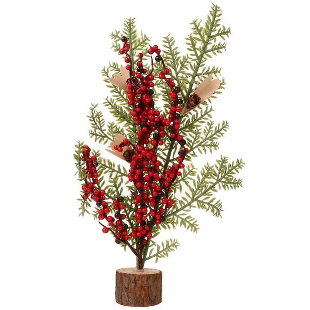 Mini Christmas Tree with Red Berries & Pine Cones, Wood Base - Tabletop Artificial Xmas Tree for Desk, Home, Party Decor
