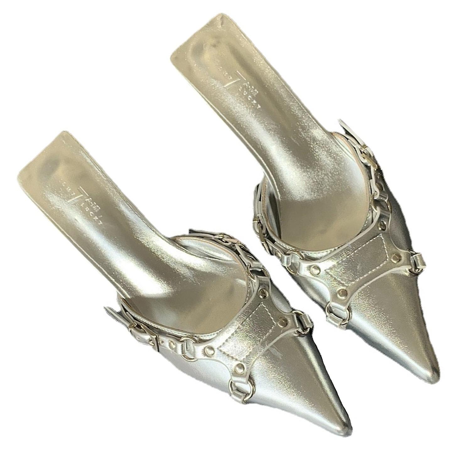 Women Pointed Toe Buckle Strap Kitten Heels Mules Backless Slip On Stiletto Heels Slides Summer Dres