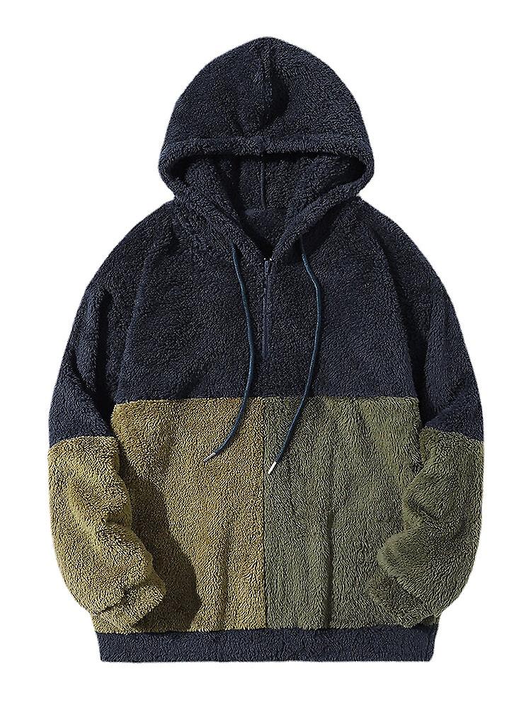 Men's Fleece Patchwork Color Block Hooded Two-piece Set With Drawstring