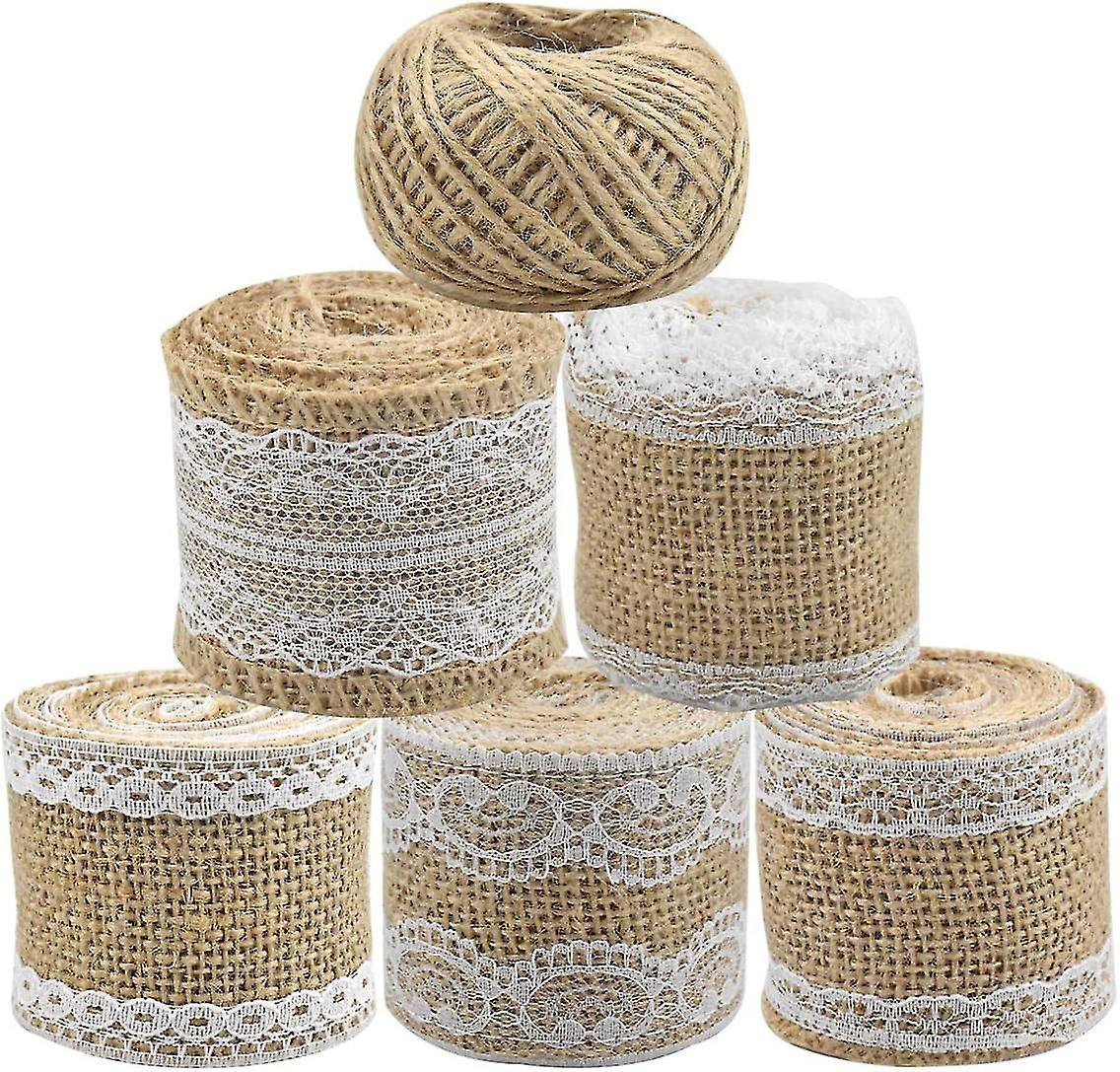 5-Pack 2 Meter Burlap Jute Ribbon with White Lace, 30 Meter Jute Twine