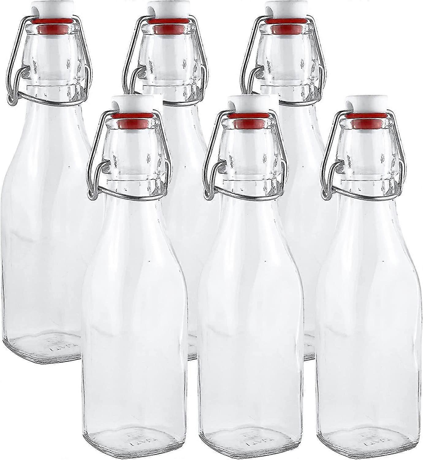 Rotating easy-open clear glass bottles with flip-top lid, set of 6. Standard size, flip-top glass bottles for storing home brew, oil, vinegar, wine, b