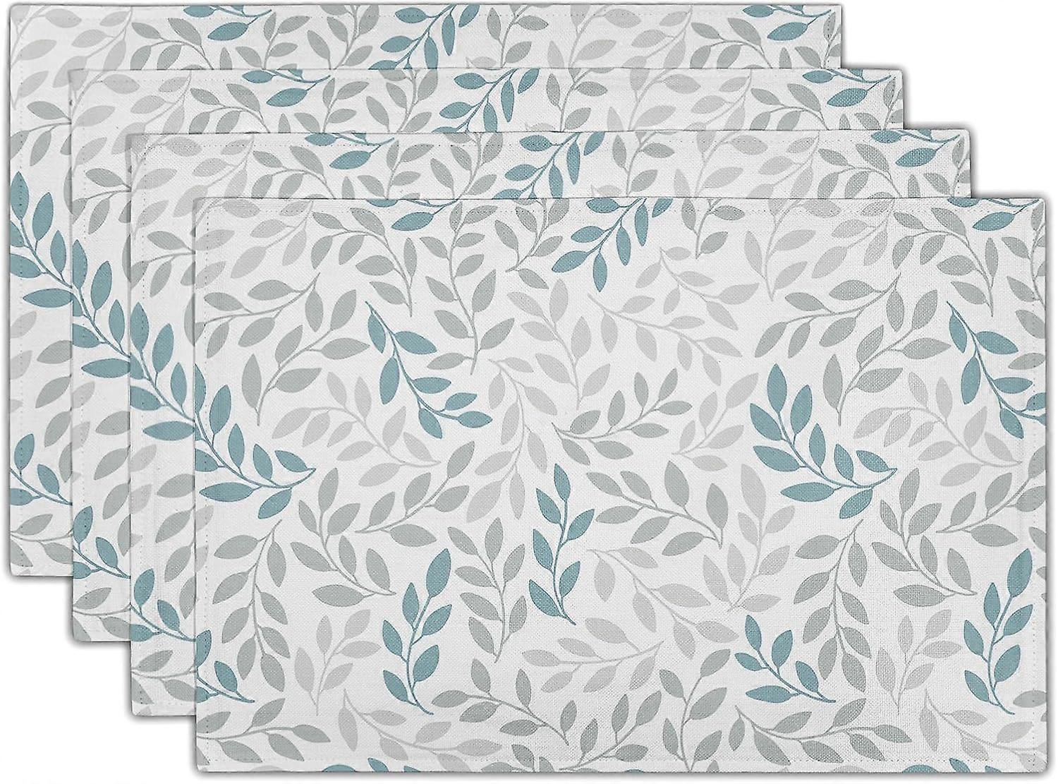 Gray Blue Leaves Placemats Set of 4, Farmhouse Rustic Table Mats 12 X 18 Inch Reversible Leaf Table Placemats Non-Slip Washable Place Mats for Dining
