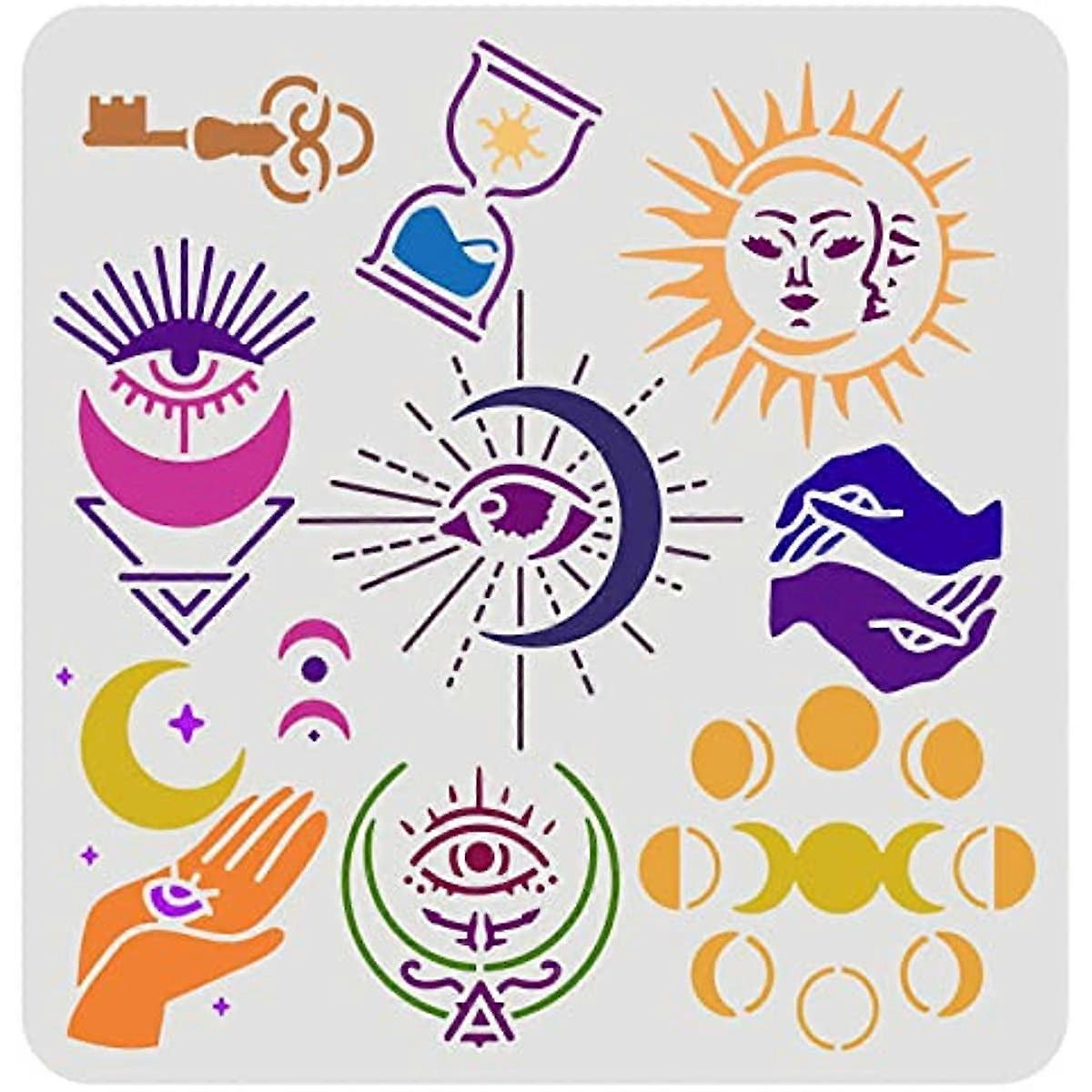 Minimalist Hand Stencil 11.8x11.8inch Reusable Sun Moon Painting Template DIY Craft Witch Symbol Stencil Devil's Eye Stencil for Painting on Wall Furn