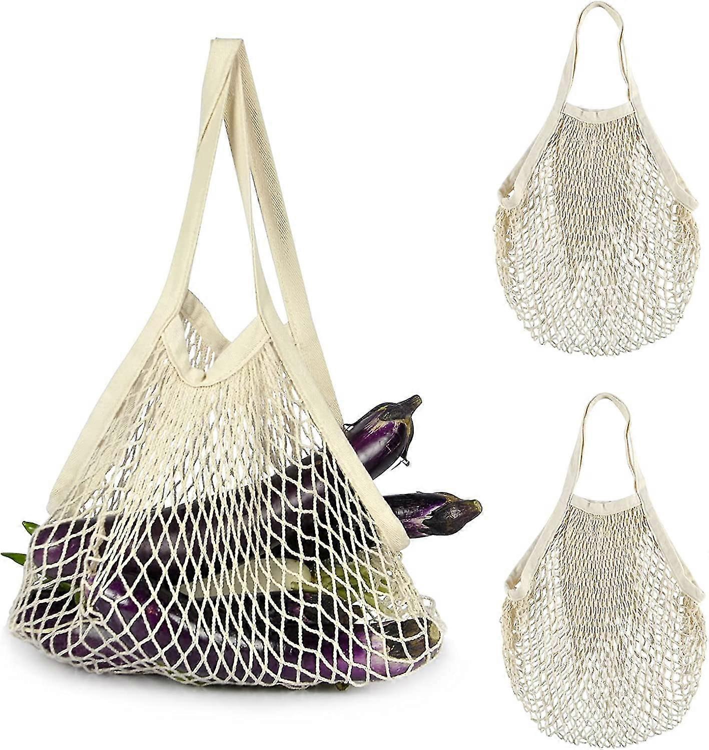 Reusable Grocery Mesh Bag, Portable And Washable Long Handle Cotton String Shopping Bag, Cotton Reusable Mesh Production Mesh Tote Bag Set For Fruit A