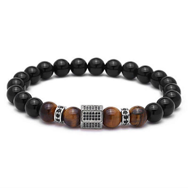 Men's Bracelet Black Glossy Stone Beads With Zircon and Gold Plated Lucky Beads for Men