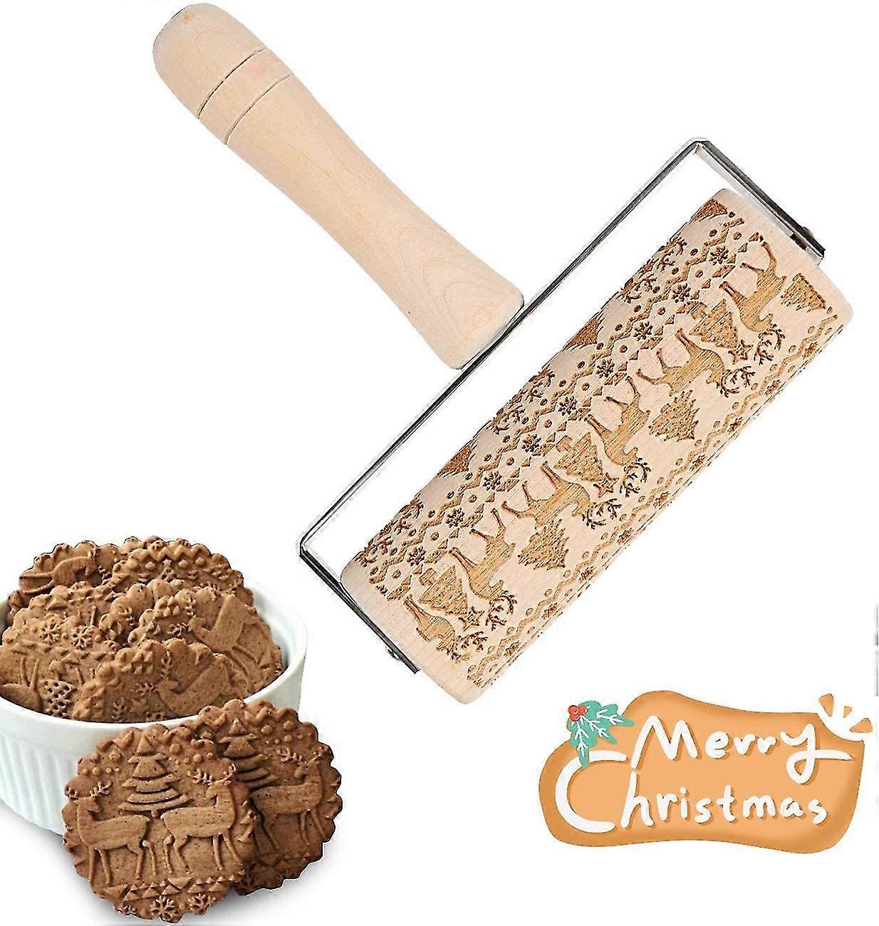 Christmas Wooden Rolling Pin, Wooden Rolling Pins For Baking Embossed Cookies