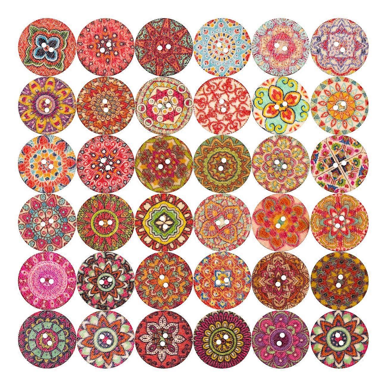 100 PCS Mixed Round Wooden Buttons Colorful Retro Button for Crafting Sewing Decoration Flower Painted - 20mm
