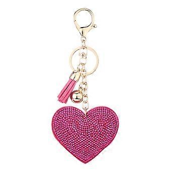 (Pink) 1 Leather Love Heart Keychain Premium Crystal Car Keychain Suitcase Backpacks Accessories Charm with Tassels
