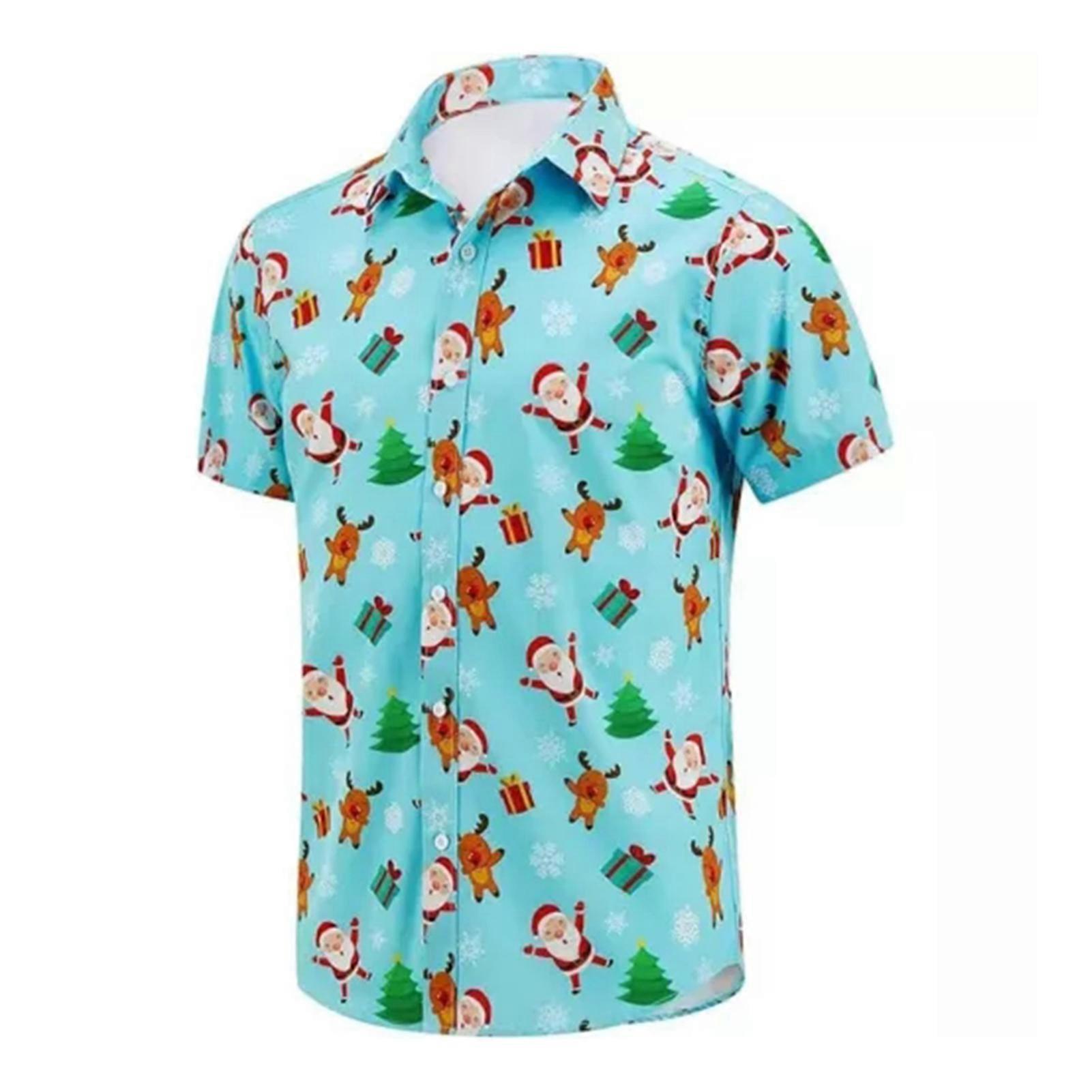 Holiday Pattern Hawaiian-Shirts for Men Funny Santa Party Loose Fitting Shirts for Beach Party