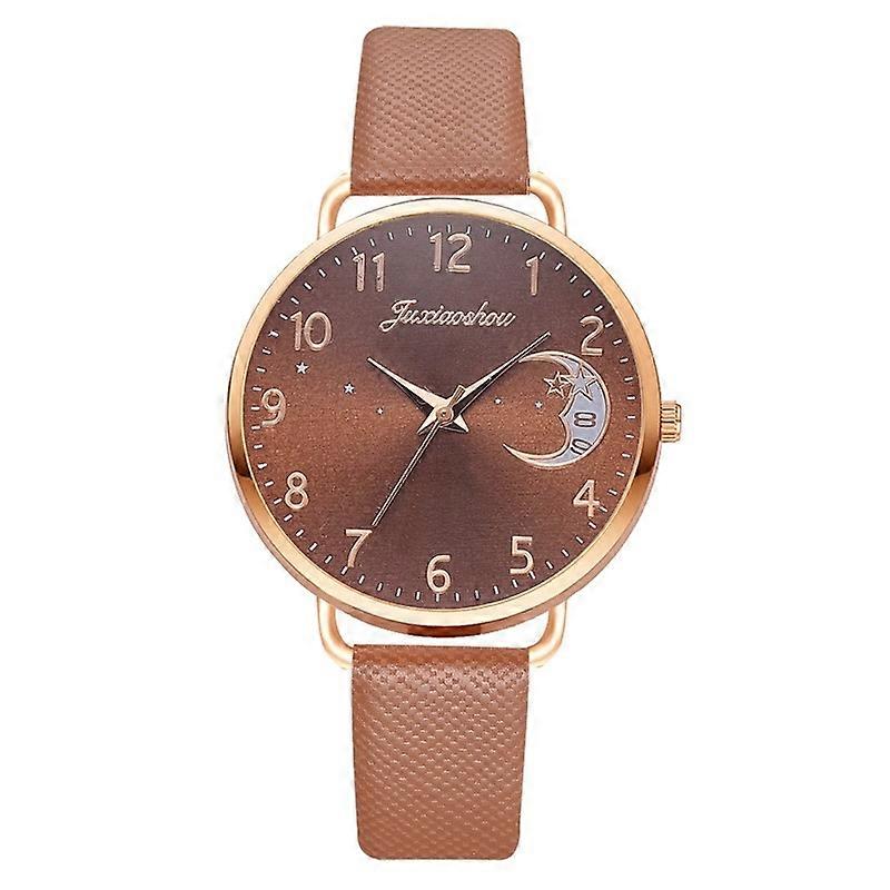 Ladies Moon Pattern Dial PU Strap Quartz Watch, Color: Brown Brown