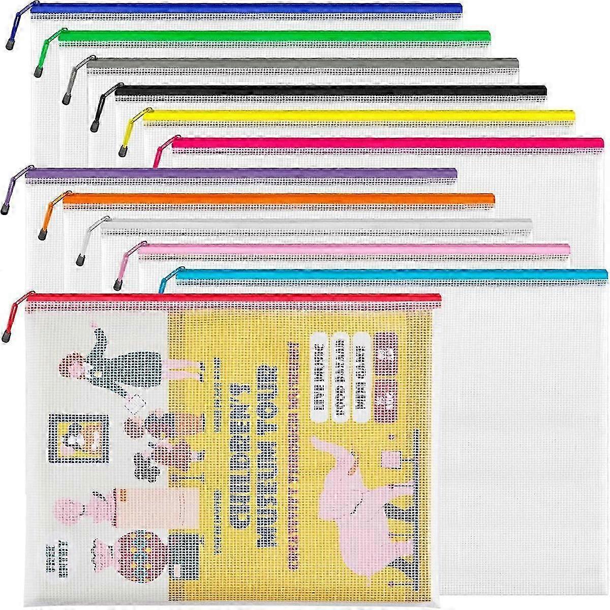 A3 (16.9x12.4 In,12 Pcs) Mesh Zipper Pouch,12 Colors Extra Large Zipper Bags,waterproof File Pouches For Office Supplies