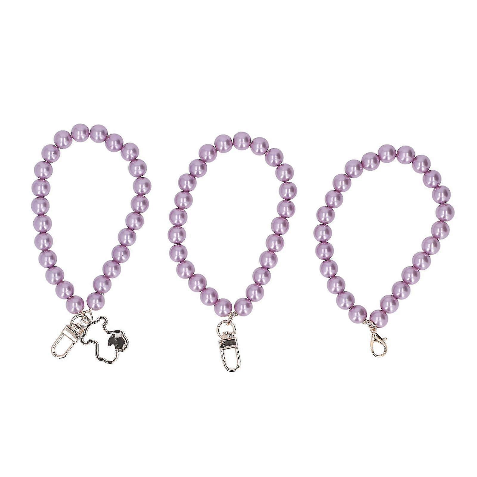 3 Pcs 12mm Pearl Phone Chain Three Styles Delicate Color Pearl Mobile Phone Case Key Hanging Chain With Metal Buckle Purple