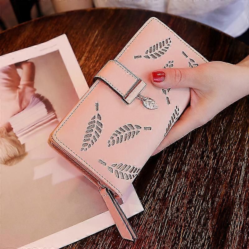 Lyserød håndtaske til kvinder - hult bladmønster tofoldet lang tegnebog, lang lynlåslukning, afslappet møntkortholder (1 stk.)