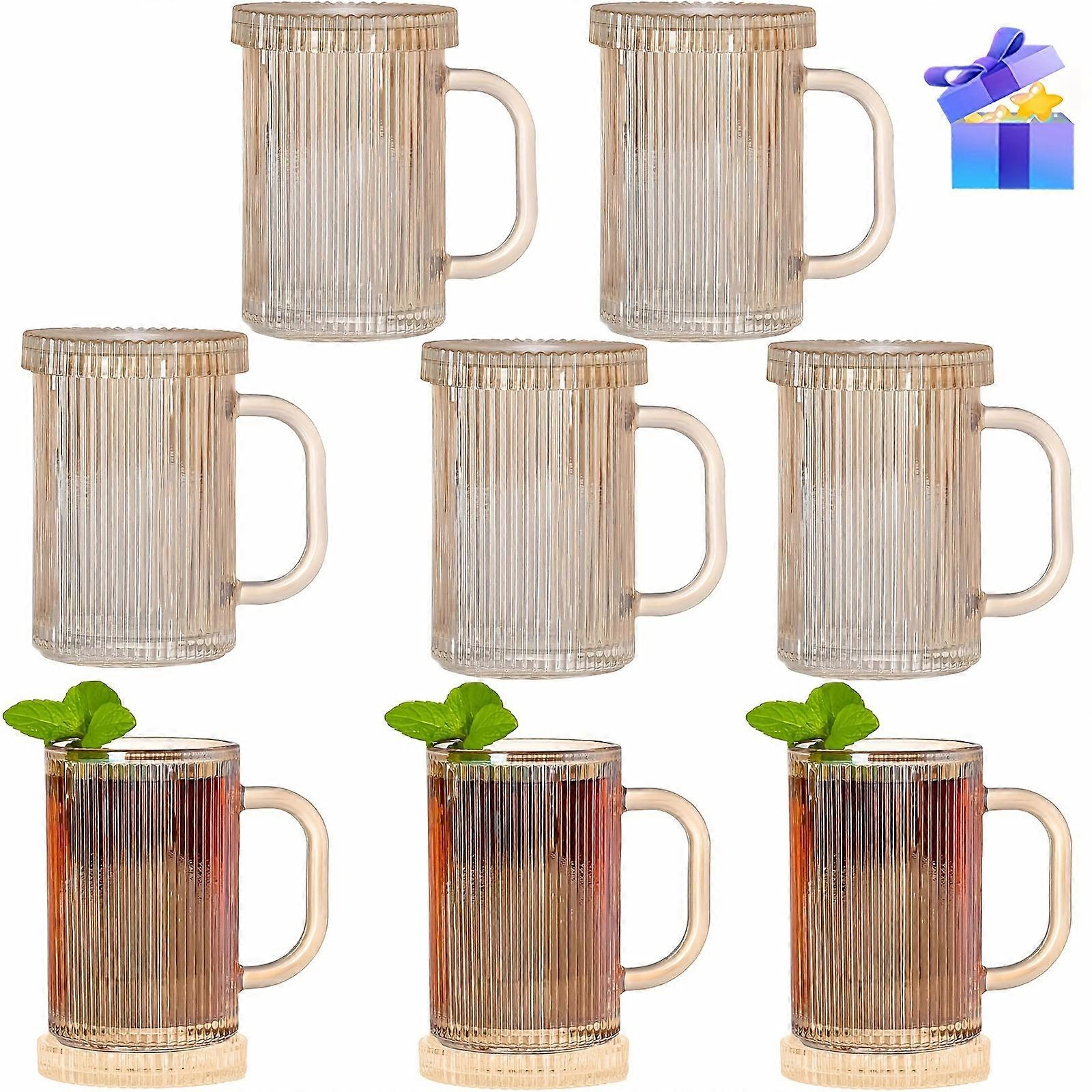 Tazze da caffè in vetro Set di tazze da tè da 8 - 13 once Tazza in vetro ambrato con coperchio Set di 4 tazze vintage a coste con cucchiaio di paglia Tazze in vetro a strisce verticali - Elega