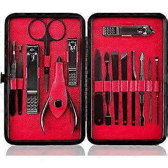 Maniküre Set Nagelset Nagelknipser Kit Professional - Edelstahl Pediküre Set Nagelpflege Set von 15 Stück mit Etui für die Reise (Schwarz/Rot)