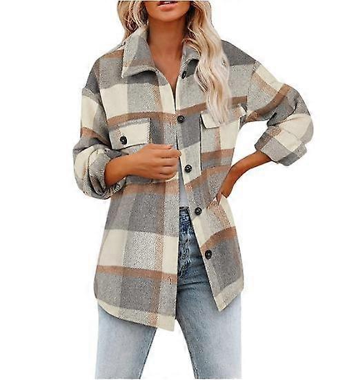 Women's Plaid Shirts Flannel Lapel Button Pocketed Long Jacket Coats