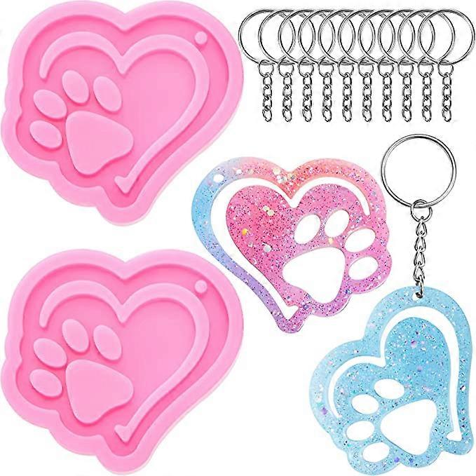 2 Pieces Heart and Paw Keychain Silicone Mold Heart Paw Silicone Casting Mold with 20 Pieces Keyring Chains