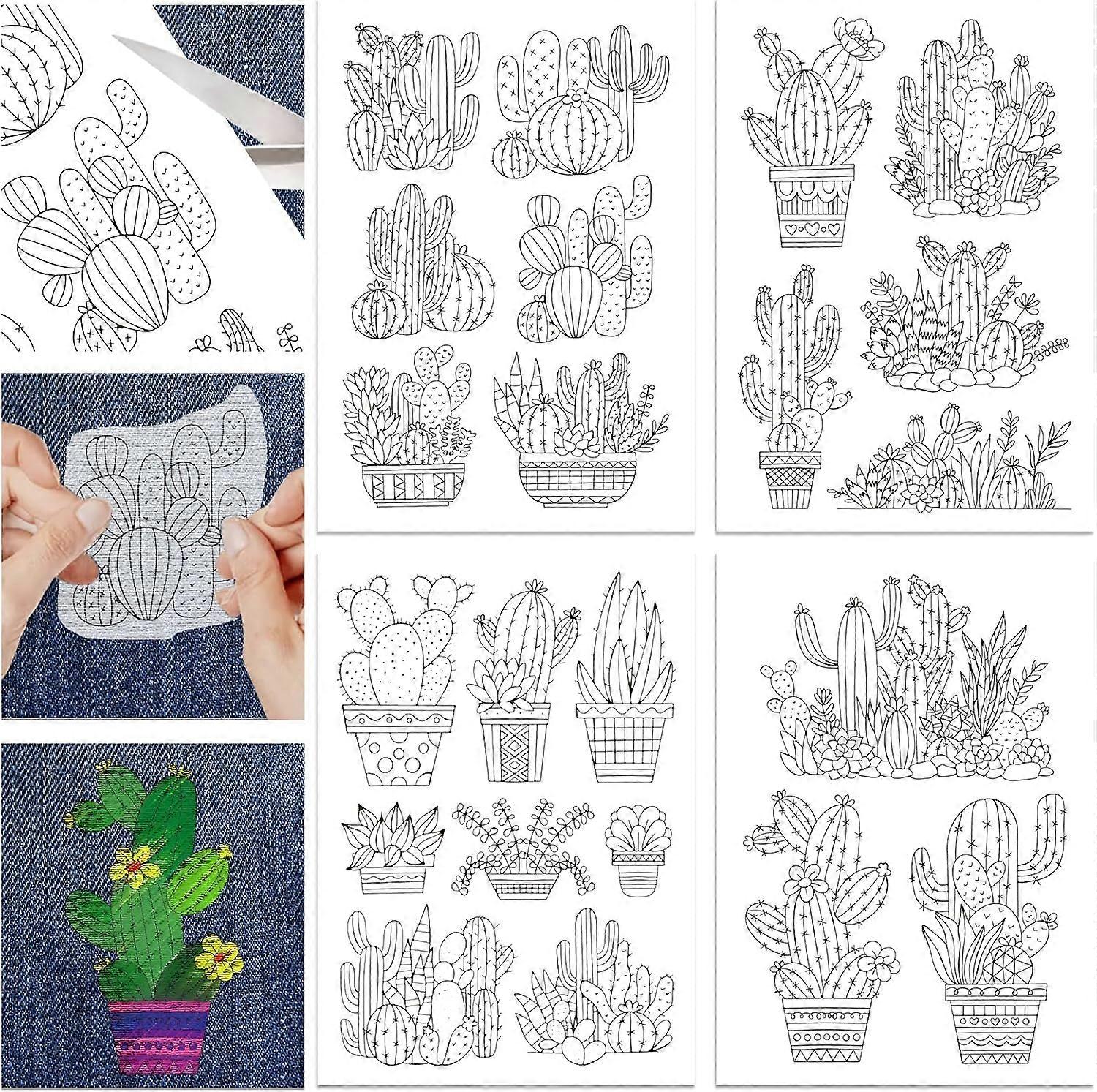 DIY 4 Sheets Cactus Water Soluble Stabilizer Hand Sewing Stabilizers with Pre Printed Stick and Stitch Self Adhesive Wash Away Stabilizer for Bags Clo