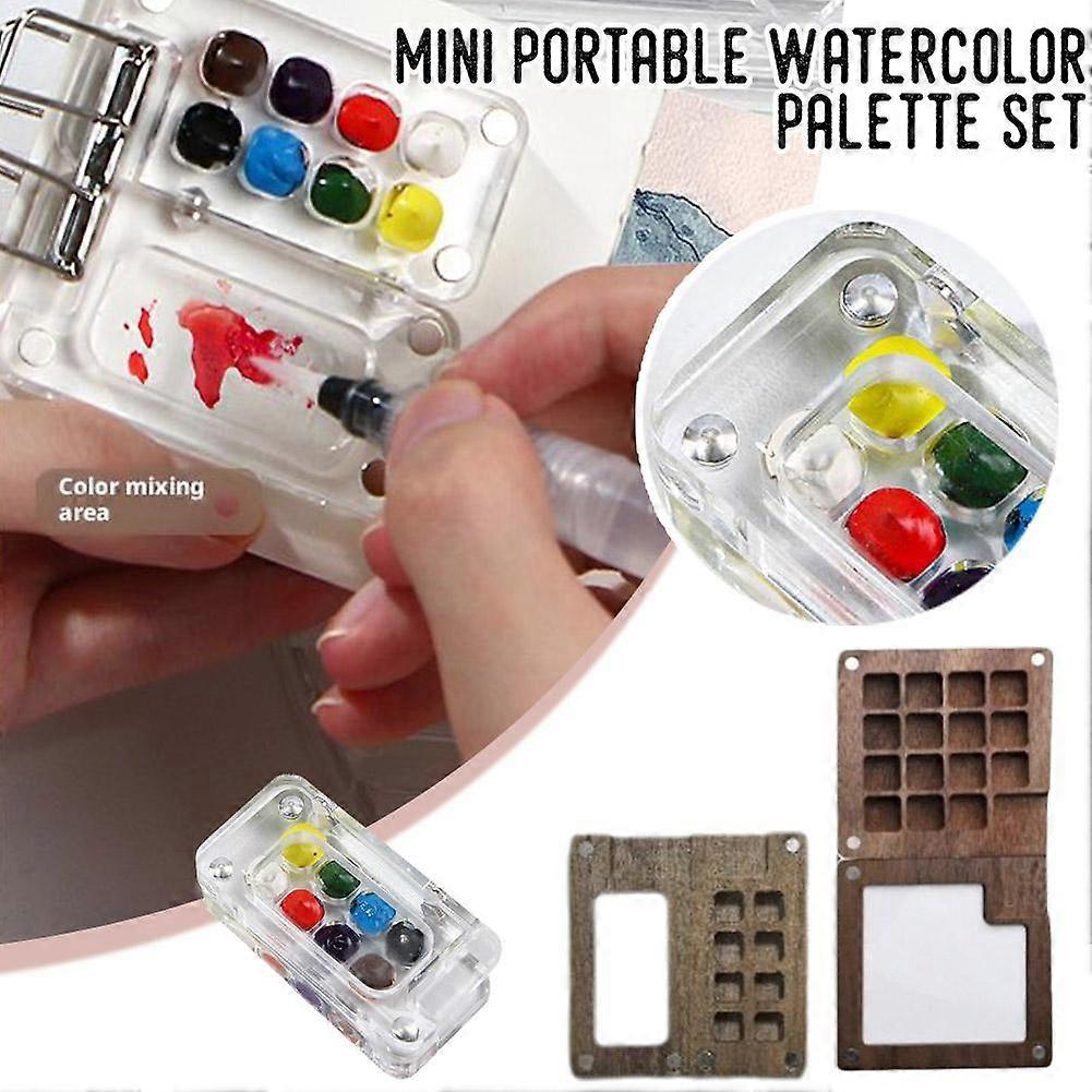 Mini Walnut Watercolor Paint Box 8-15 Colors Tiny Palette & Mini Sketchbook Sets