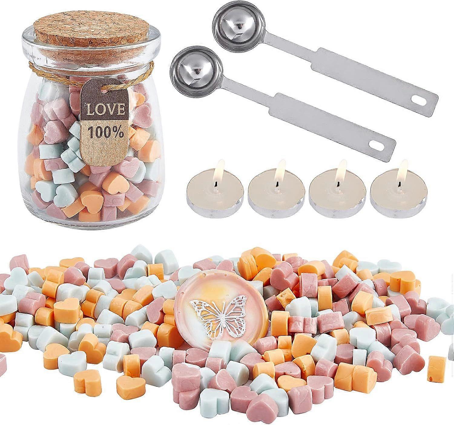 Sealing Wax Beads Kit Wax Seal Beads Heart Shape Packed in Glass Jar with 4PCS Candles and 2PCS Wax Melting Spoons for Wedding Invitations Envelopes V