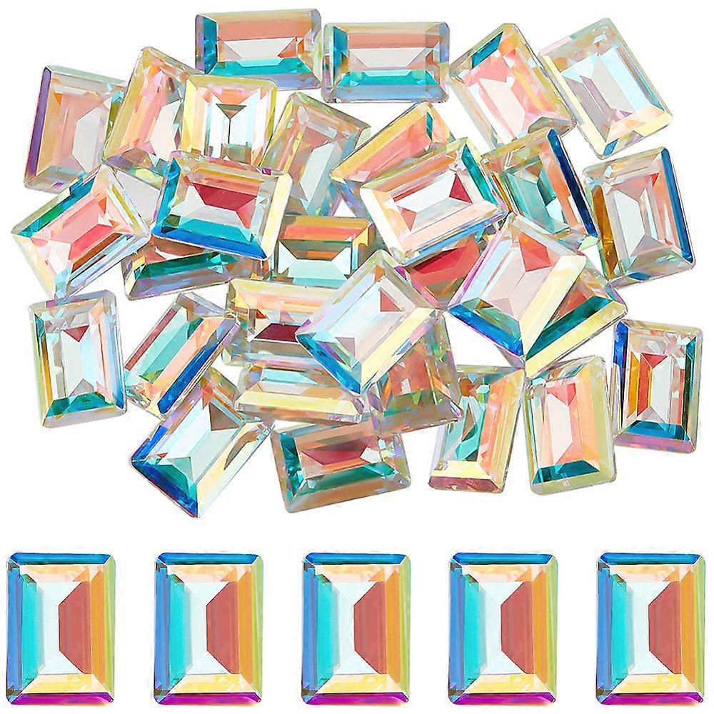30Pcs Glass Rhinestone Cabochons Point Back & Back Plated Faceted Rectangle Crystal AB 14x10x5.5mm